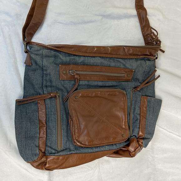 Handbags - Vintage Denim Messenger Bag Brown Faux Leather Adjustable Strap Pockets 13 X 16